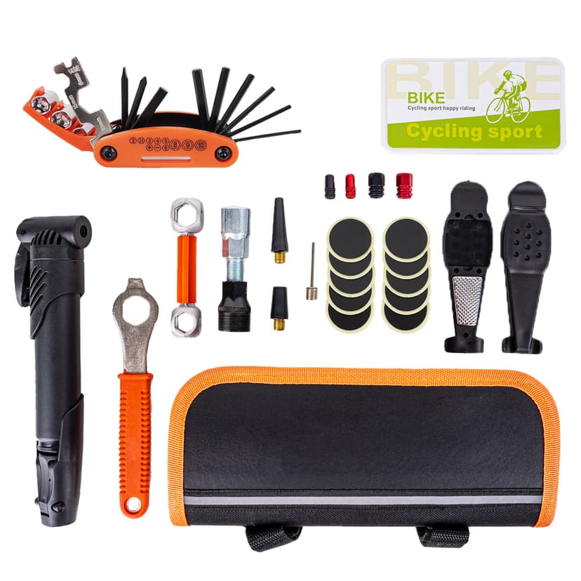 RidingRush Emergency Bike Repair Kit with 120 PSI Mini Pump, 16-in-1 Bicycle Multi Tool, Tire Levers, Glueless Patches & Portable Saddle Bag for MTB and Road Bikes