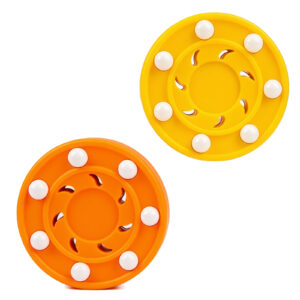 RidingRush Roller/Street Hockey Puck 2-Pack (Orange & Yellow), 75mm Low-Friction TPU Training Pucks with ABS Glide Beads for Driveway, Sport Court & Inline Practice