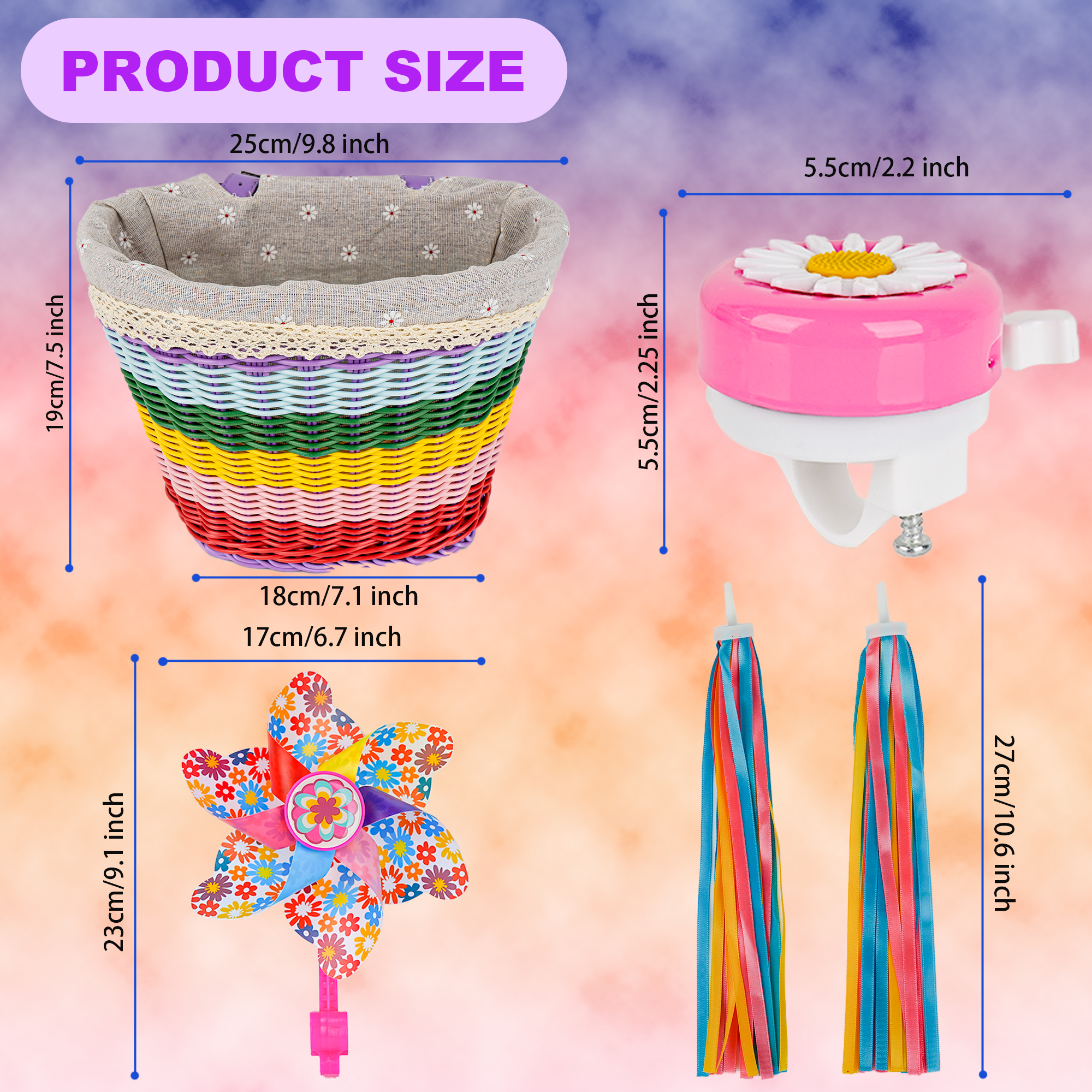 RidingRush Big Bicycle Basket for Girls, Kids Bike Front Handlebar Basket with Bell, Streamers and Pinwheel, Colorful Woven Basket for Toddler Girls Bike Accessories and Decoration (5-12 age) - Image 6