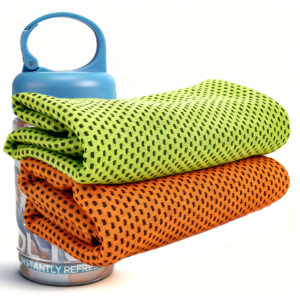 RidingRush Cooling Towel Set for Tennis, Gym & Outdoor — Instant Cooling Mesh Microfiber, with 1 Bottle Carriers & 2 Colors: Bright Green, Orange