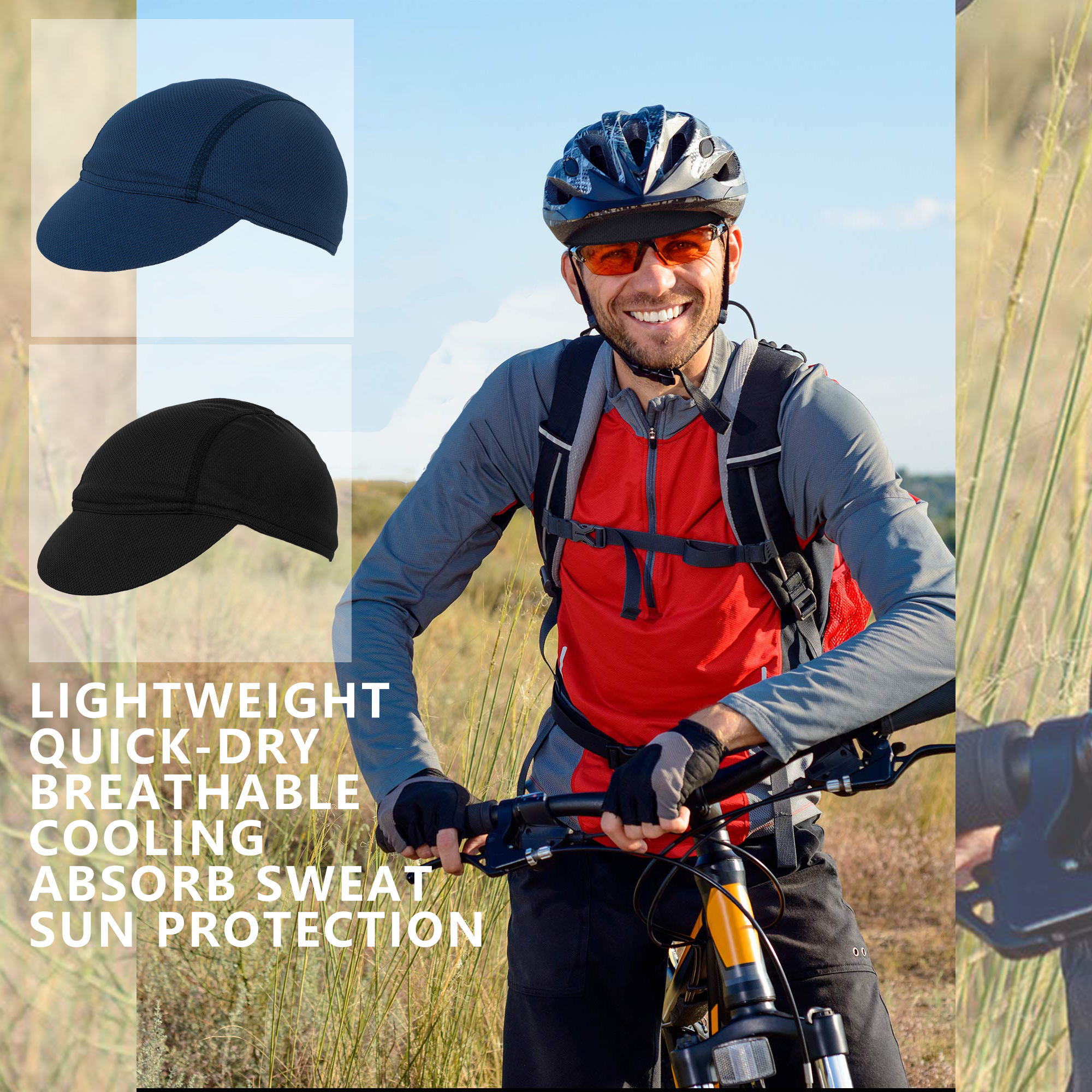 RidingRush Mens Cycling Caps, Cycling Caps 2-Pack, Breathable Net-Weaving Mesh Under-Helmet Bike Hat with Short Brim, Black & Dark Blue, Lightweight Moisture-Wicking Unisex - Image 5