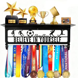 RidingRush Medal Hanger Display– High Hardness with 4 Trophy Slots, Holds Up to 72 Medals, Multi-Ball Storage for Soccer, Baseball, Tennis, and More