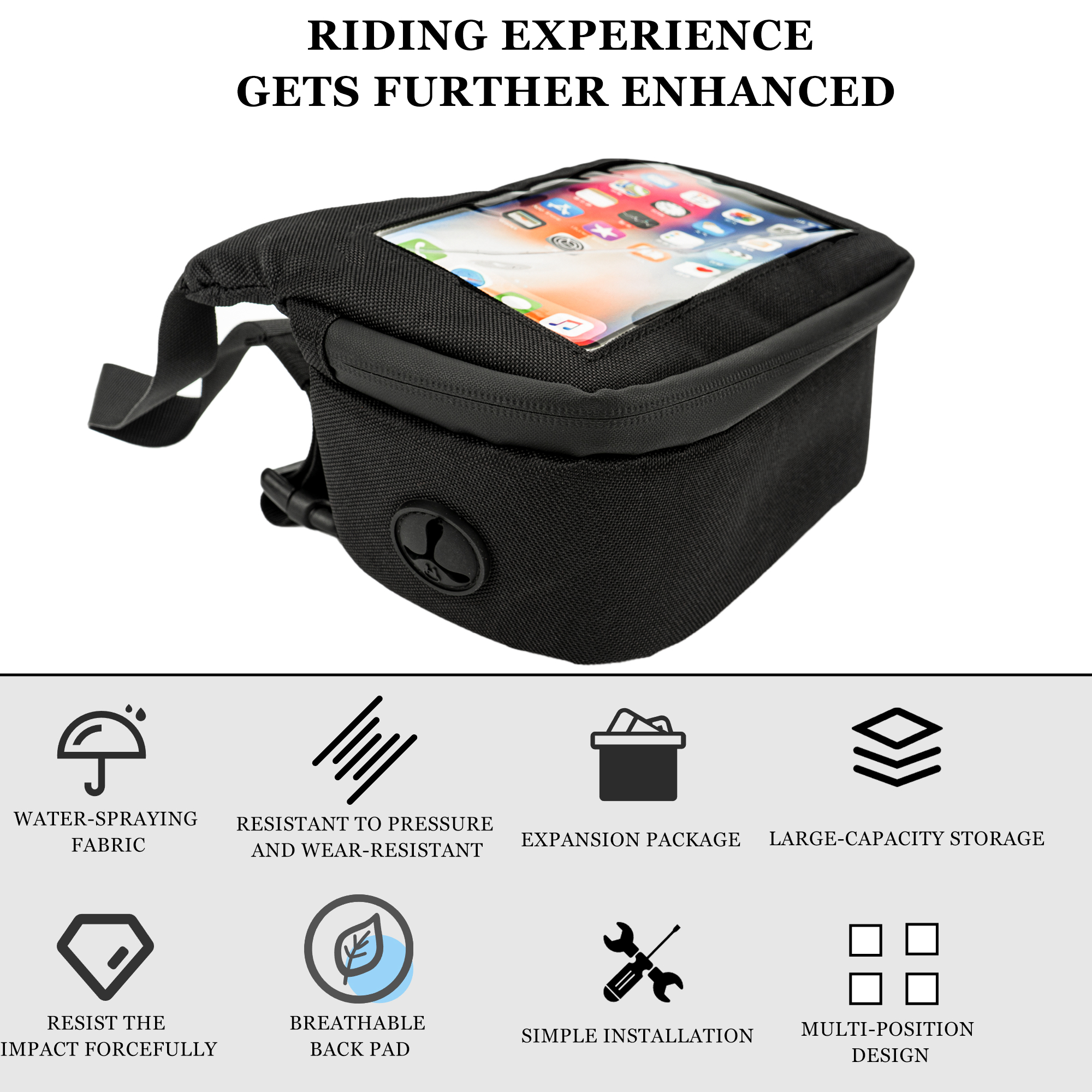 RidingRush Bike Handlebar Bag – Waterproof Bicycle Handlebar Bag with Sensitive TPU Touchscreen Phone Holder, Front Frame Pouch for Road & Mountain Bikes, Large Capacity Cycling Storage Bag - Image 4