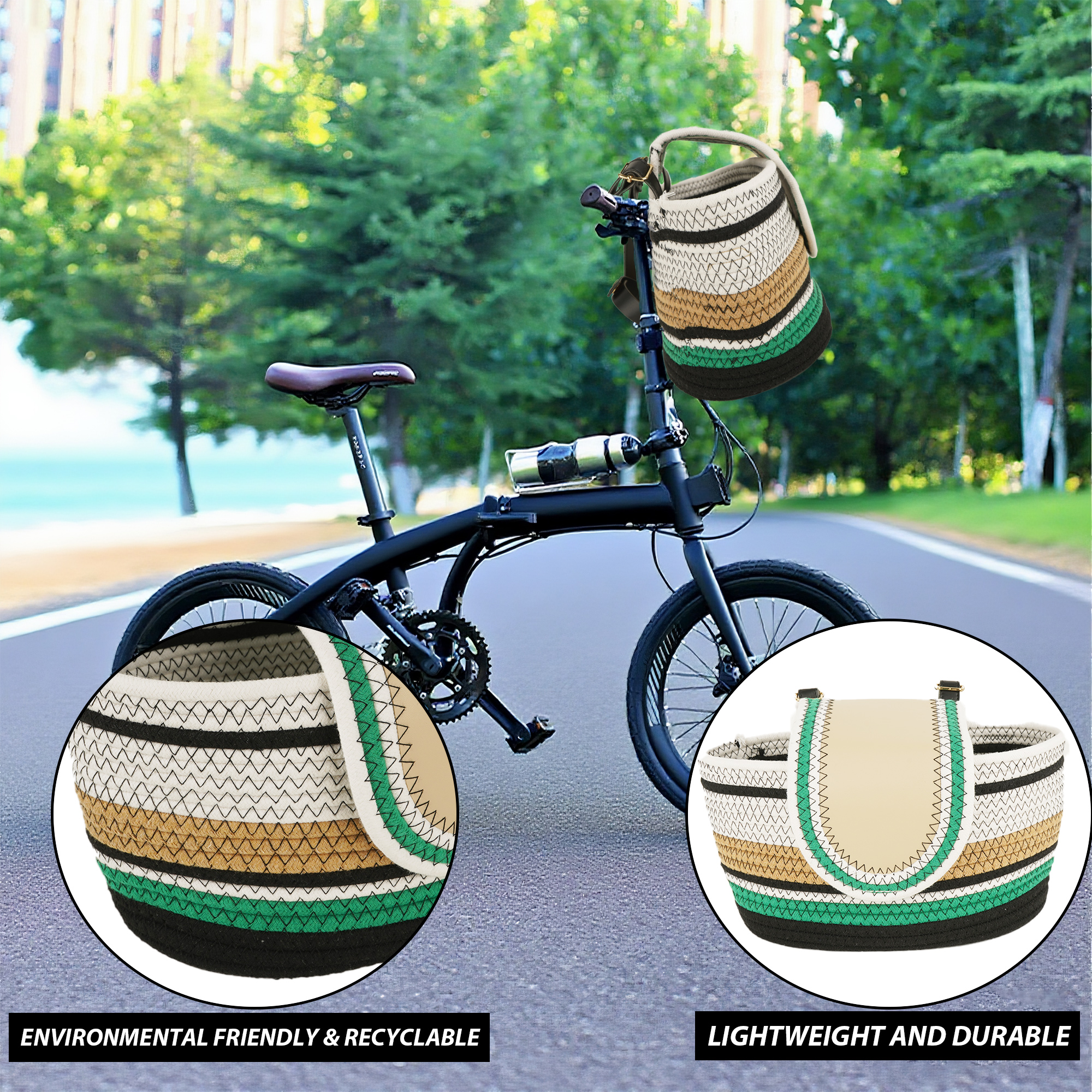 RidingRush Bike Front Basket for Women, Handmade Bike Basket Front Detachable Fabric Handlebar Storage Basket, Lightweight Green Carry Tote for Bicycles - Image 5