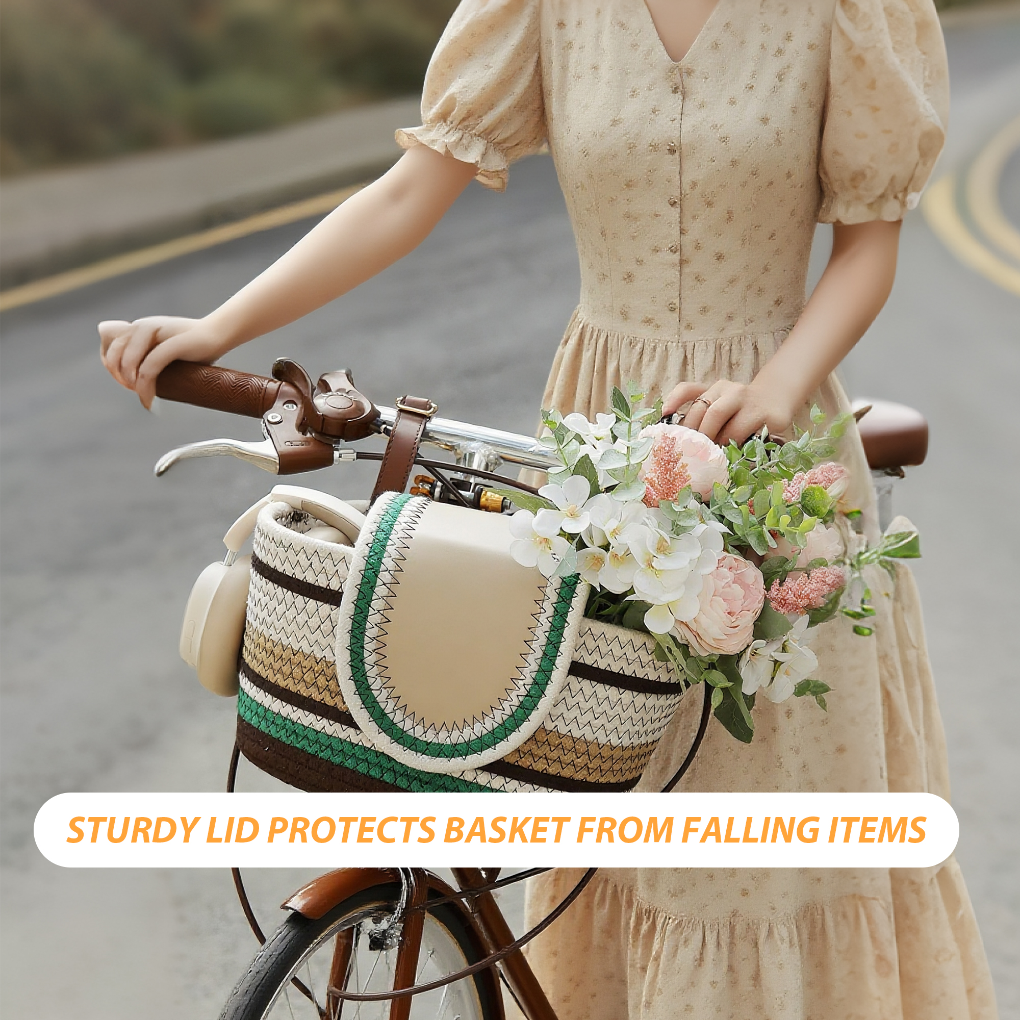 RidingRush Bike Front Basket for Women, Handmade Bike Basket Front Detachable Fabric Handlebar Storage Basket, Lightweight Green Carry Tote for Bicycles - Image 6